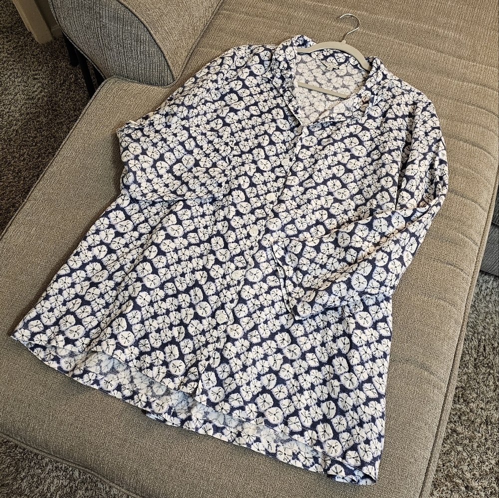 John Mark Linen Blue White Lagen Casual Coastal Button Tunic Large with Pockets - Picture 2 of 7